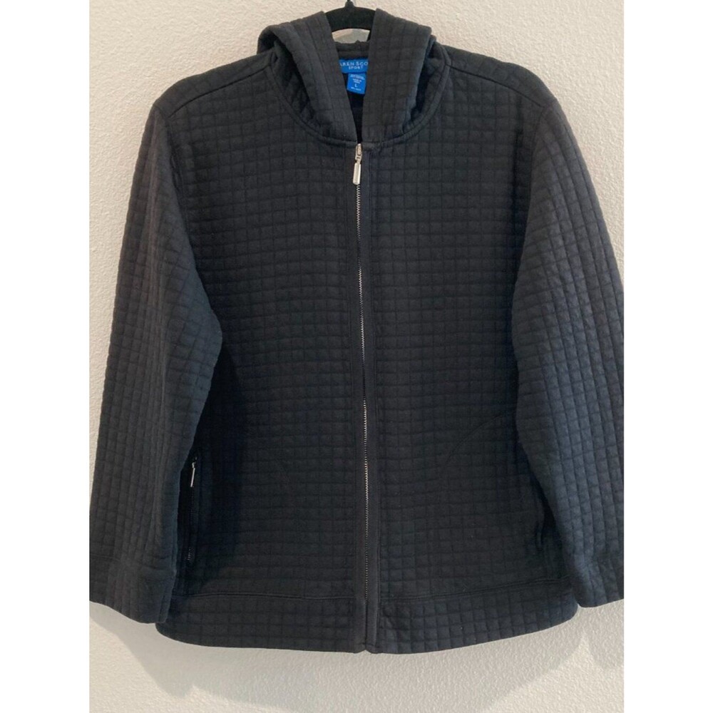 Karen Scott Sport Black Quilted Grid Full Zip Hoodie Jacket L